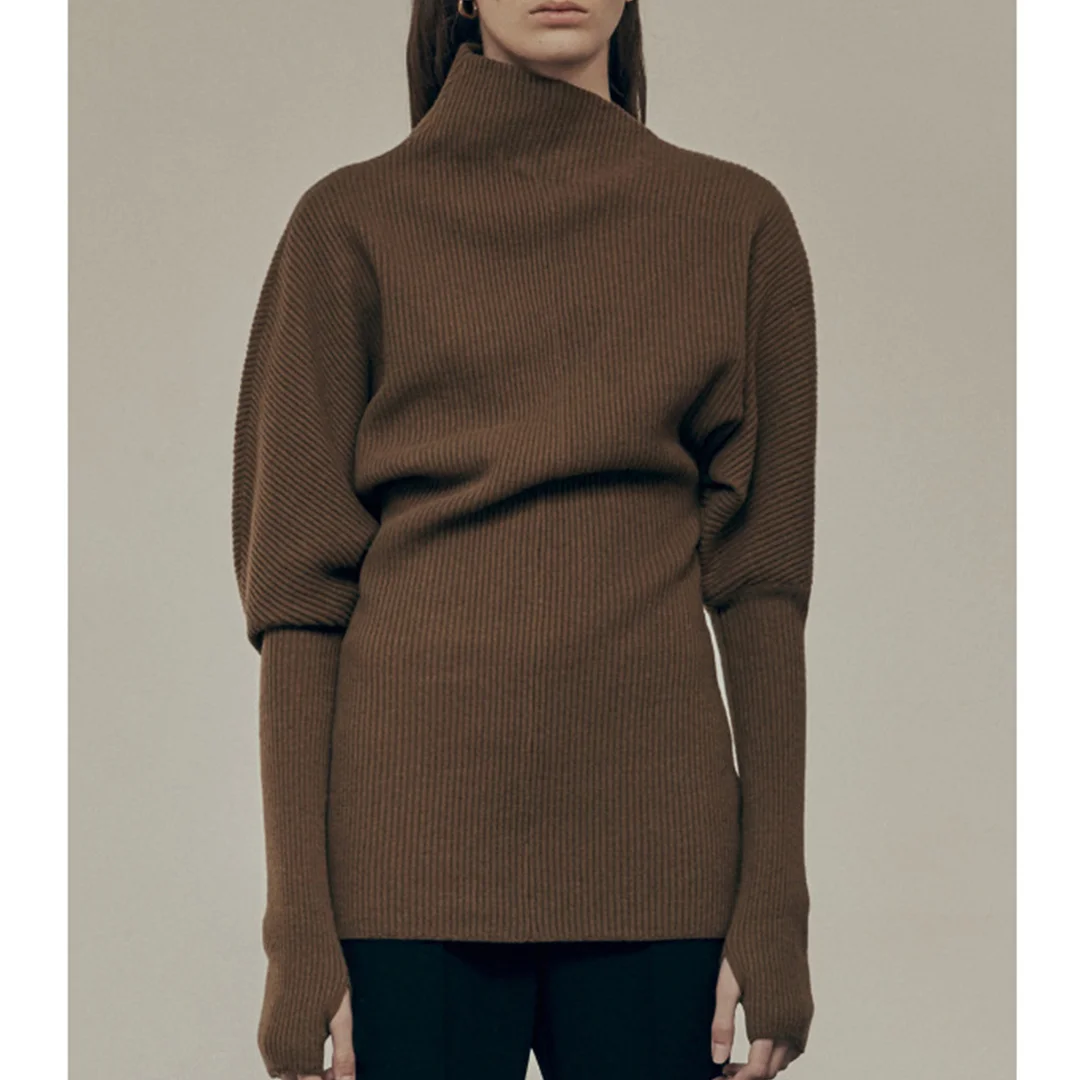 

2025 Autumn/Winter Fashion Long-Sleeved Knitted Waist-Cinched Oblique Neck Sweater For Women