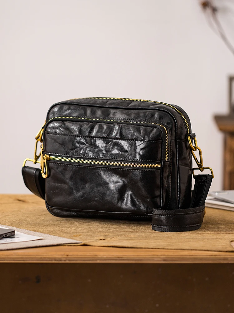 Vintage casual vegetable tanned cowhide men's black shoulder bag weekend outdoor travel natural genuine leather crossbody bag