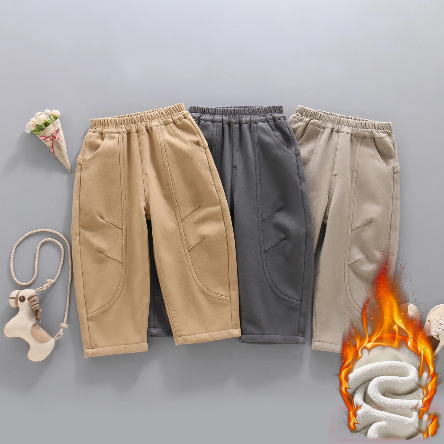 

Брюки для маленьких мальчиков, однотонные утепленные детские свободные штаны для маленьких мальчиков, новые зимние уличные брюки с эластичной резинкой на талии для маленьких мальчиков