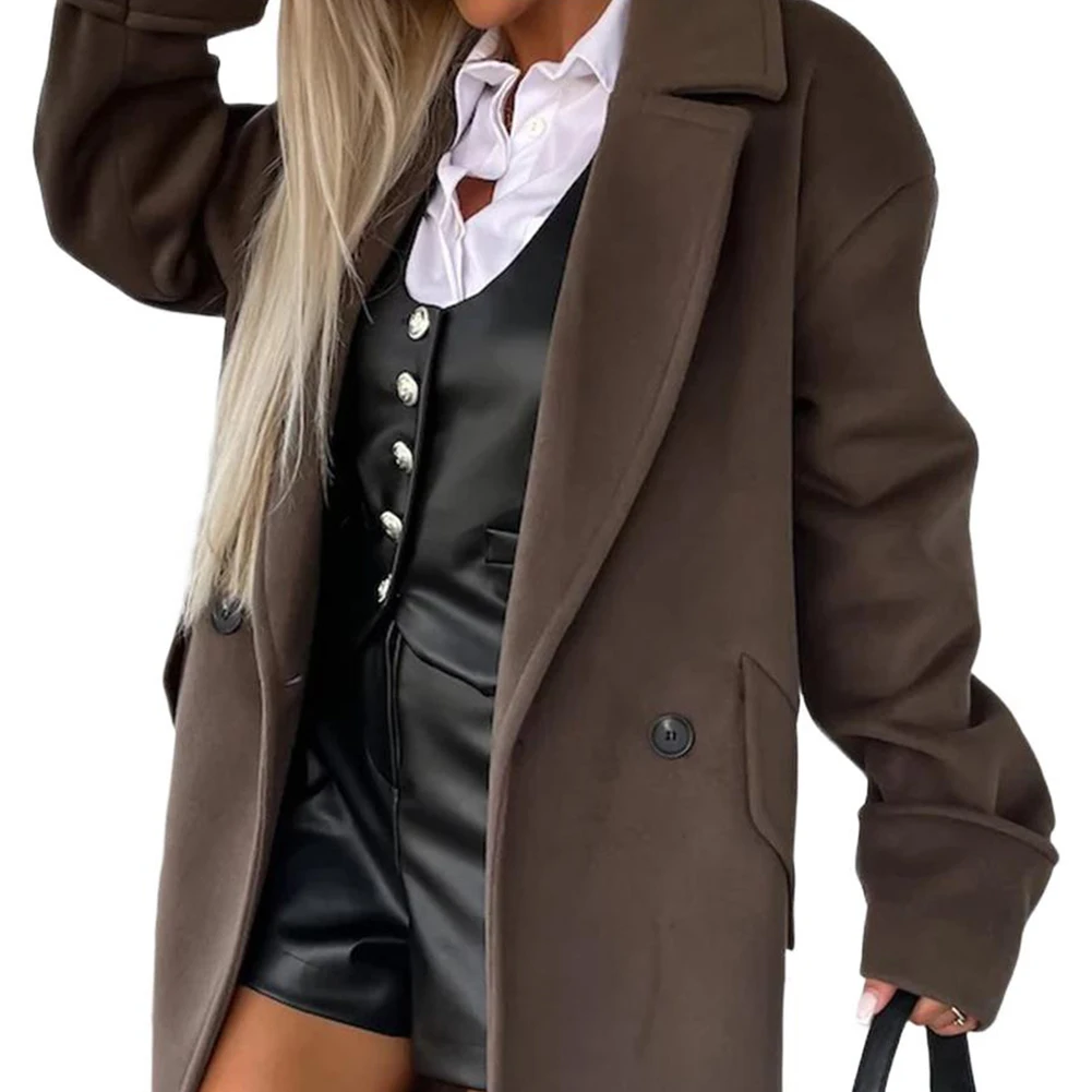 سترة نسائية كاجوال بأكمام طويلة بلون سادة مع ياقة وزر إغلاق مصنوعة من مزيج الصوف لأسلوب اليوم