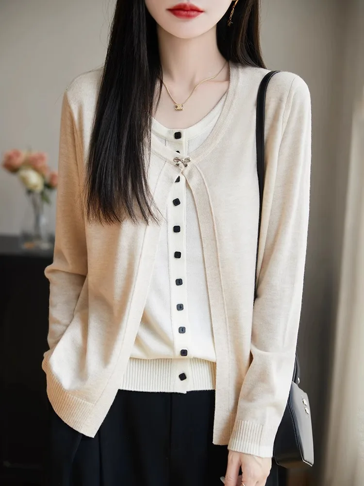 Korean Sle round Ne Knitted Open Cardigan Women's Loose Slimming Top Fake Two-Piece Long Sve Regular Length Buttoned