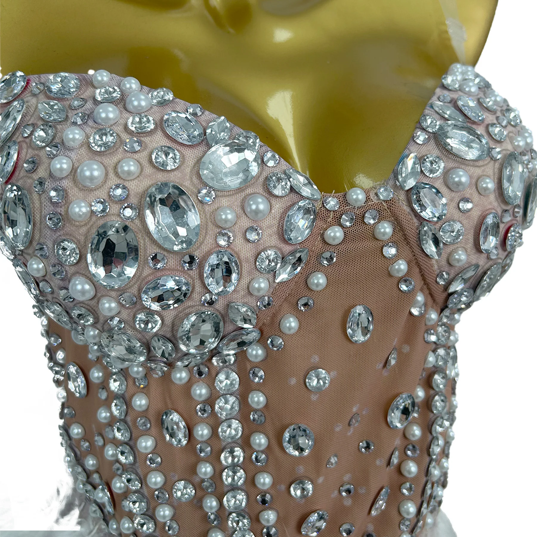 Yumao Fashion Women Rhinestone Dress Sexy Mesh Splicing Feather Slit Dress Stage Performance Dress Birthday Christmas Prom Gowns