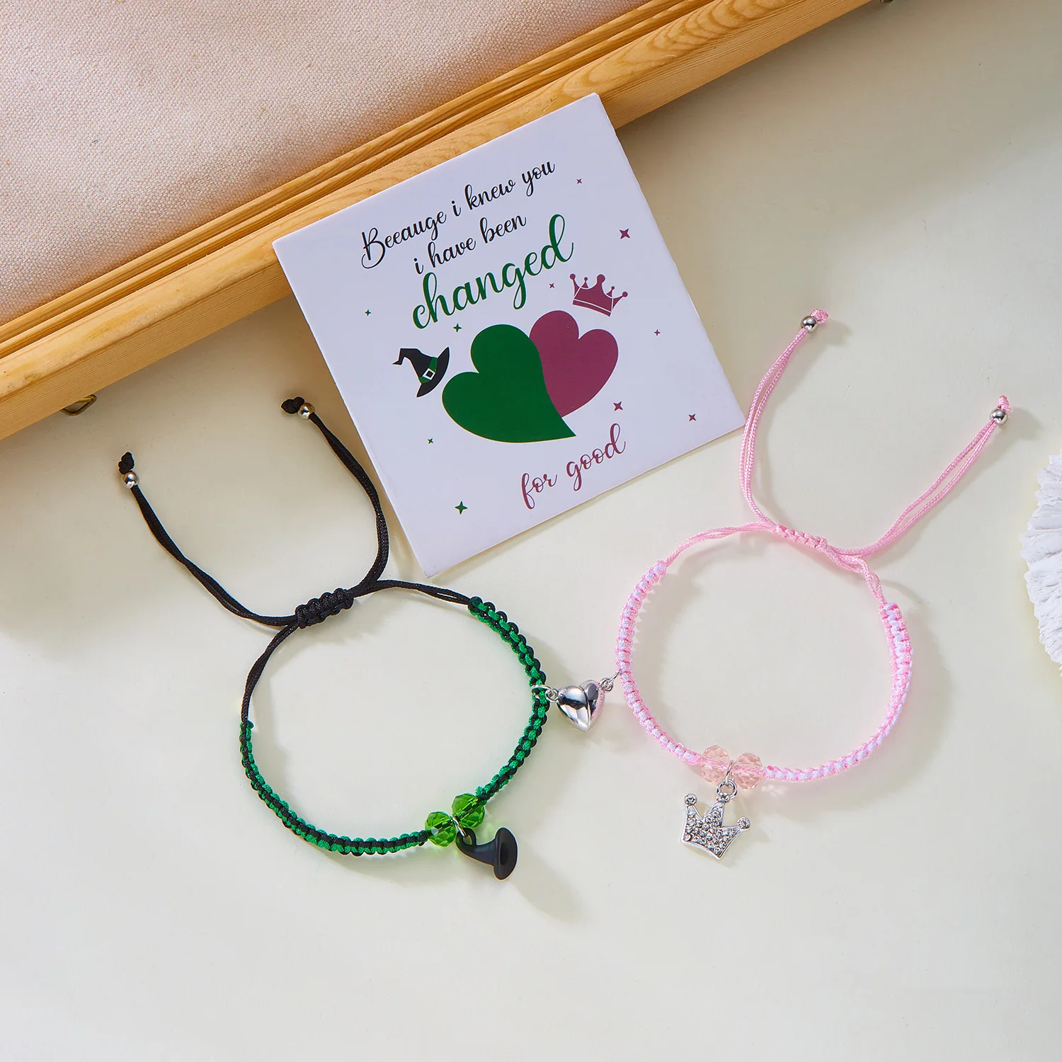 2 Stück Zauberstab-Hutkrone, passende Armbänder für Frauen, süße rosa grüne Perlen, handgefertigtes Stretch-Armband, BFF-Schmuck, Geschenke – Detail 4
