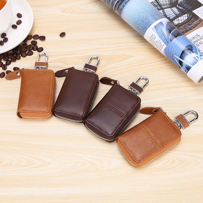 2023 Genuine Leather Keychain Wallet for Men Women Protector Car Key Holder Organizer Zipper Case Auto Remote Mini Card Bag