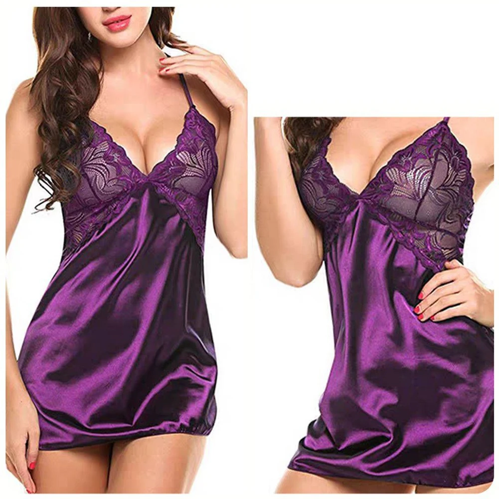 Women Sexy Lace Satin Women Secret Clothes Nightdress Thong Ultra-Thin Sleepwear Lingerie See Through Pajamas Set Erotic Hot