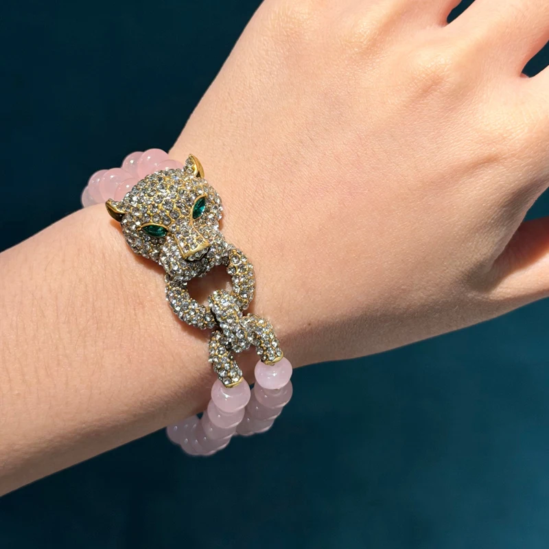 

Vintage Rose Quartz Pink Beaded Bracelet Layered Rhinestone Leopard Head Women Gold Color Accessories Jewelry Luxury Christmas