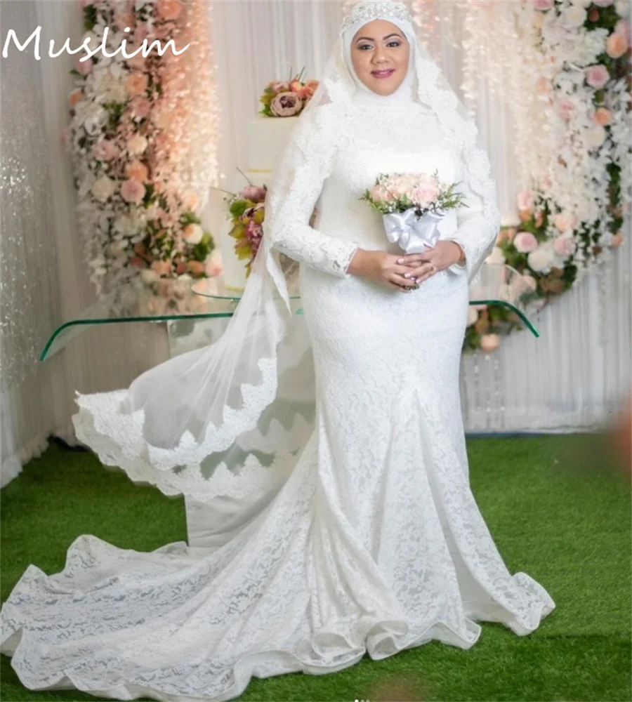 

Fulllace Muslim Wedding Dress Elegant Long Sleeve Plus Size Mermaid Islamic Bride Dress Boho Floor Length Bridal Customized