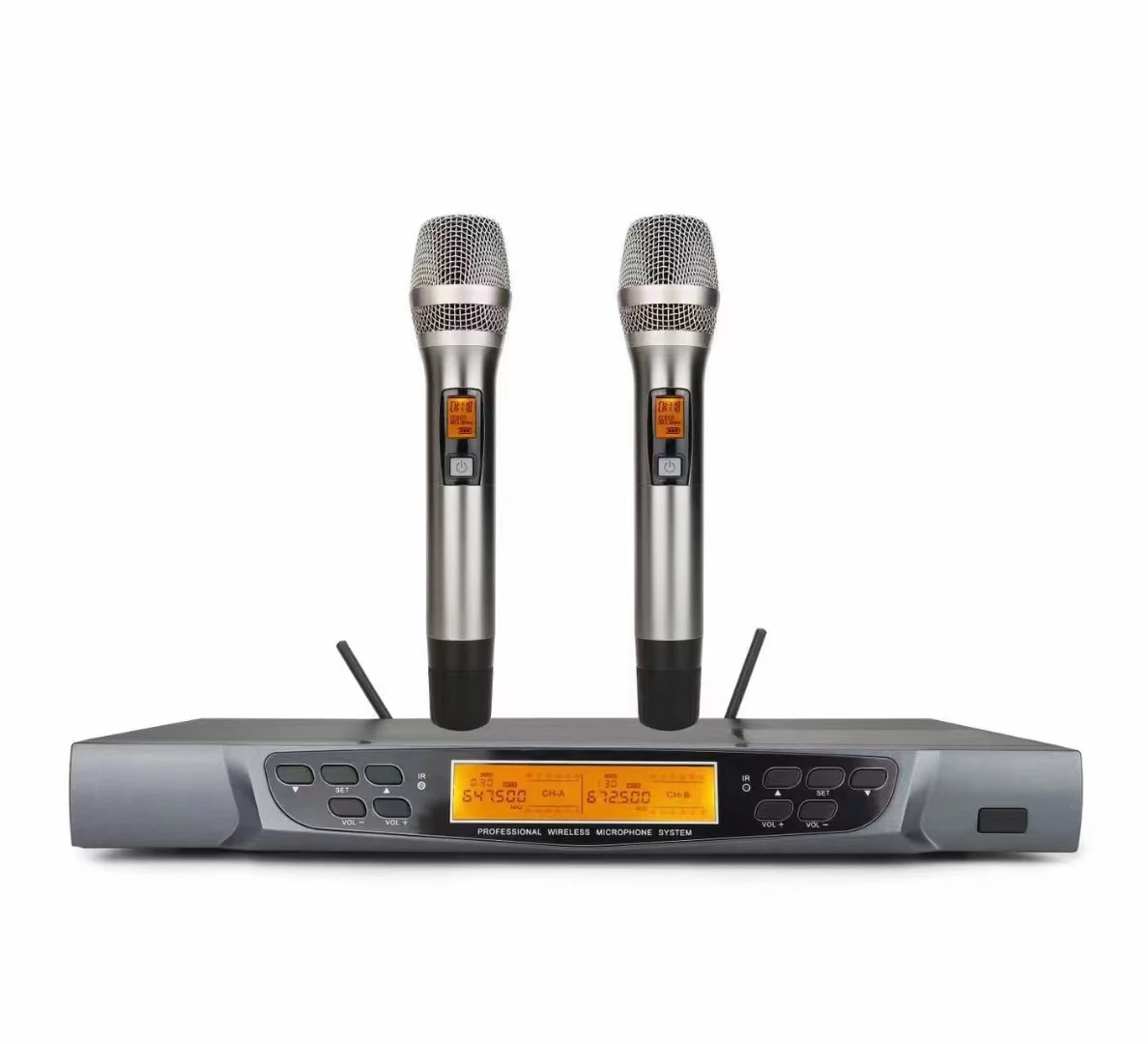 Guangzhou Professional wireless vocal mic set 2 UHF dynamic handheld wireless microphone