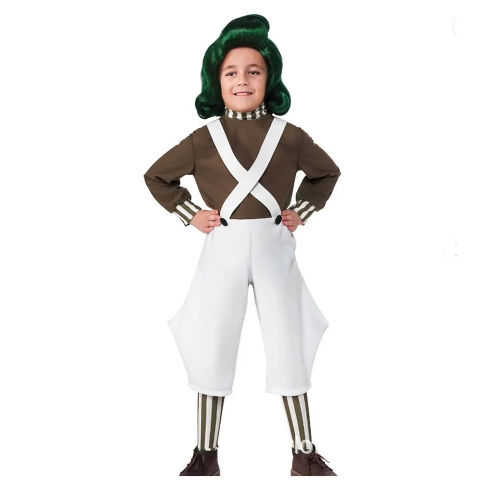 Oompa fantasia cosplay infantil, traje de festa de Halloween, fantasia para meninos e meninas, filmes e perucas de chocolate, 2021