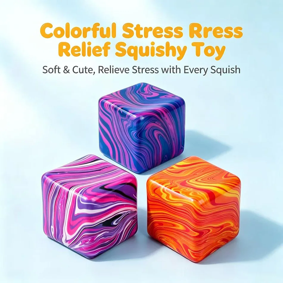 Colorful Marbled Cube Squishy, Slow‑Rebound Soft Squeeze Fidget Toy, Stress Relief Anti‑Anxiety, Home & Office Desk Decoration
