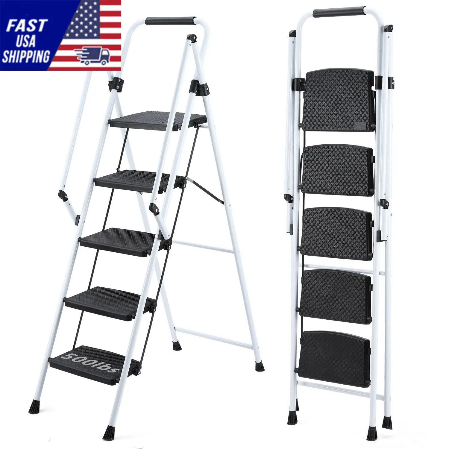 ladder, folding ladder stool, with anti slip wide pedals, steel ladder, with safety anti slip handle, lightweight 300 pound port