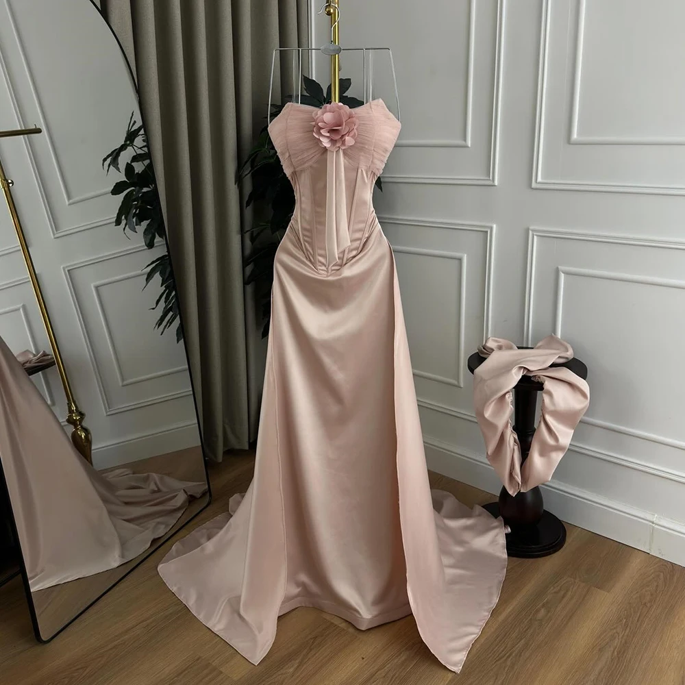 Trägerloses Abendkleid aus errötendem Satin für Damen, 3D-Blume, langer Handschuh, Schnürung am Rücken, Schleppe, luxuriöses formelles Kleid für Abschlussball, Hochzeitsgäste, Gala