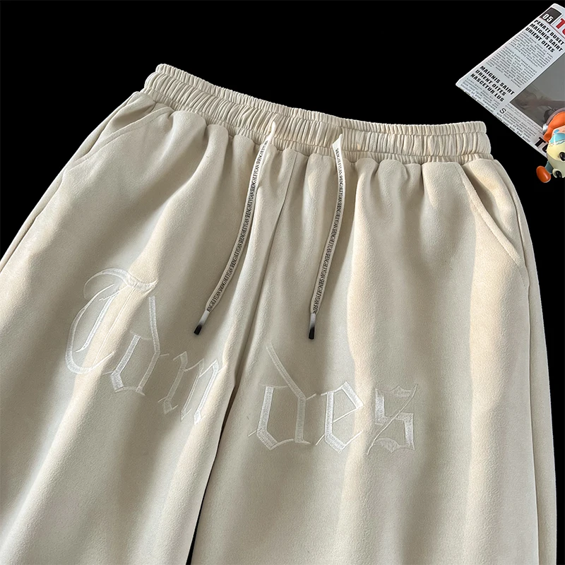 

Мужские модные свободные брюки из вельвета под оленью кожу в американском ретро-стиле с вышивкой букв, летние прямые леггинсы длиной до колена