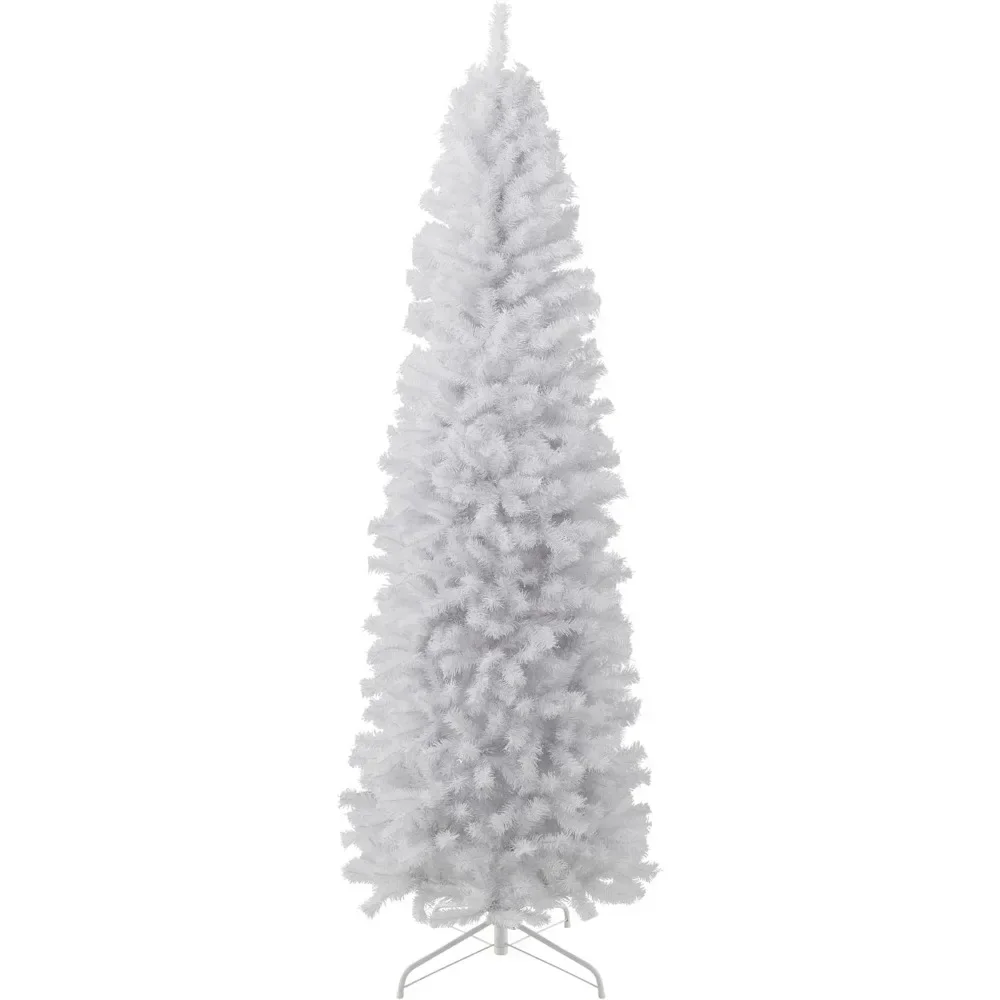 7.5Ft White Pencil Christmas Tree Artificial Holiday Skinny Tree for Home, Slim Party Decor with 972 Tips, Metal Hinges & Base