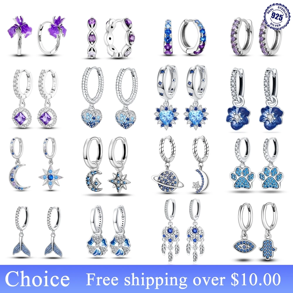 PANPOKI Tropfenohrringe aus 925er-Sterlingsilber, blau-lila, Serie für Damen, Liebesherz, Stern, Mond, Creolen, Hochzeit, Schmuck, Geschenke