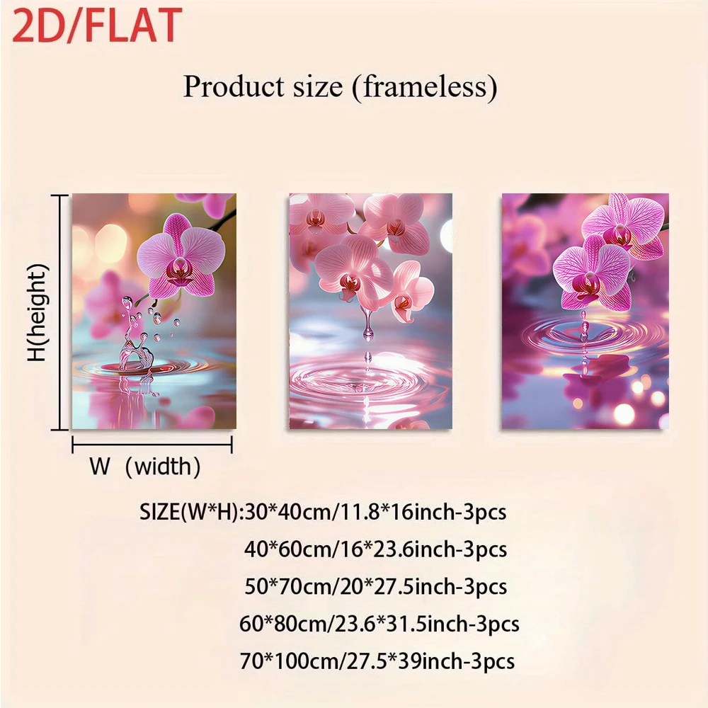 A set of three frameless modern minimalist pink orchid teardrop reflection wall hangings (2D flat)