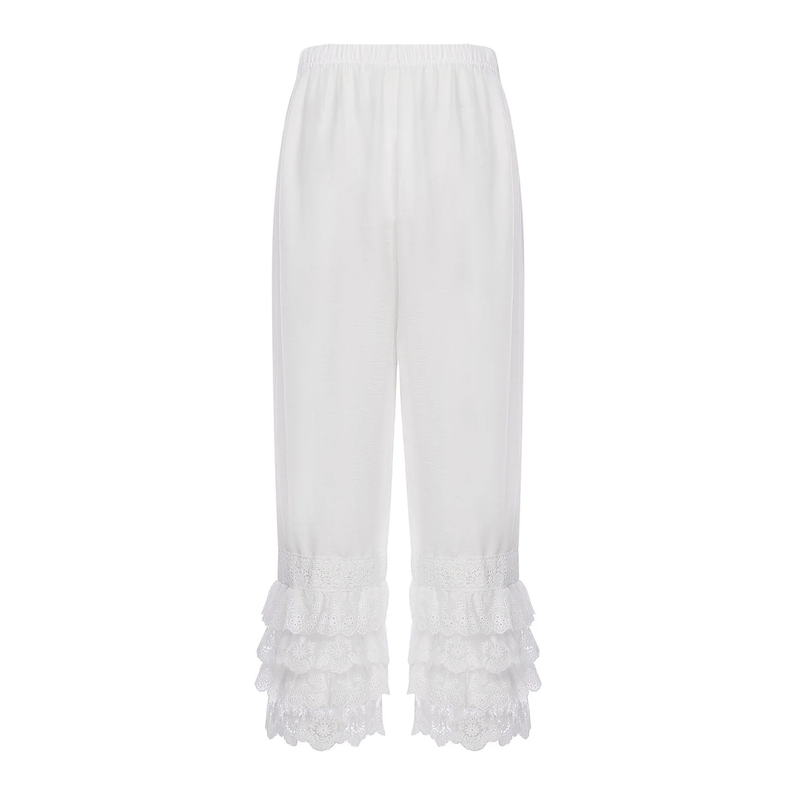 Women Lace Trim Pants Vintage Pettipants Bohemian Long Bloomers Pants Trousers Elastic Waist 4-Layer Cute Ruffle Pumpkin Pants