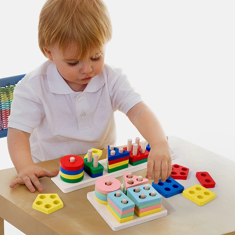 Brinquedos de empilhamento de madeira, forma, reconhecimento de cores, blocos correspondentes, empilhador para anos, meninos e meninas, 3 peças