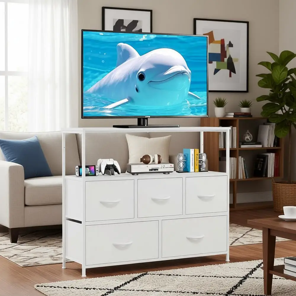 

45-Inch TV Stand with Wooden Media Shelf, Storage Organizer for Living Room, Bedroom, or Small Spaces, White