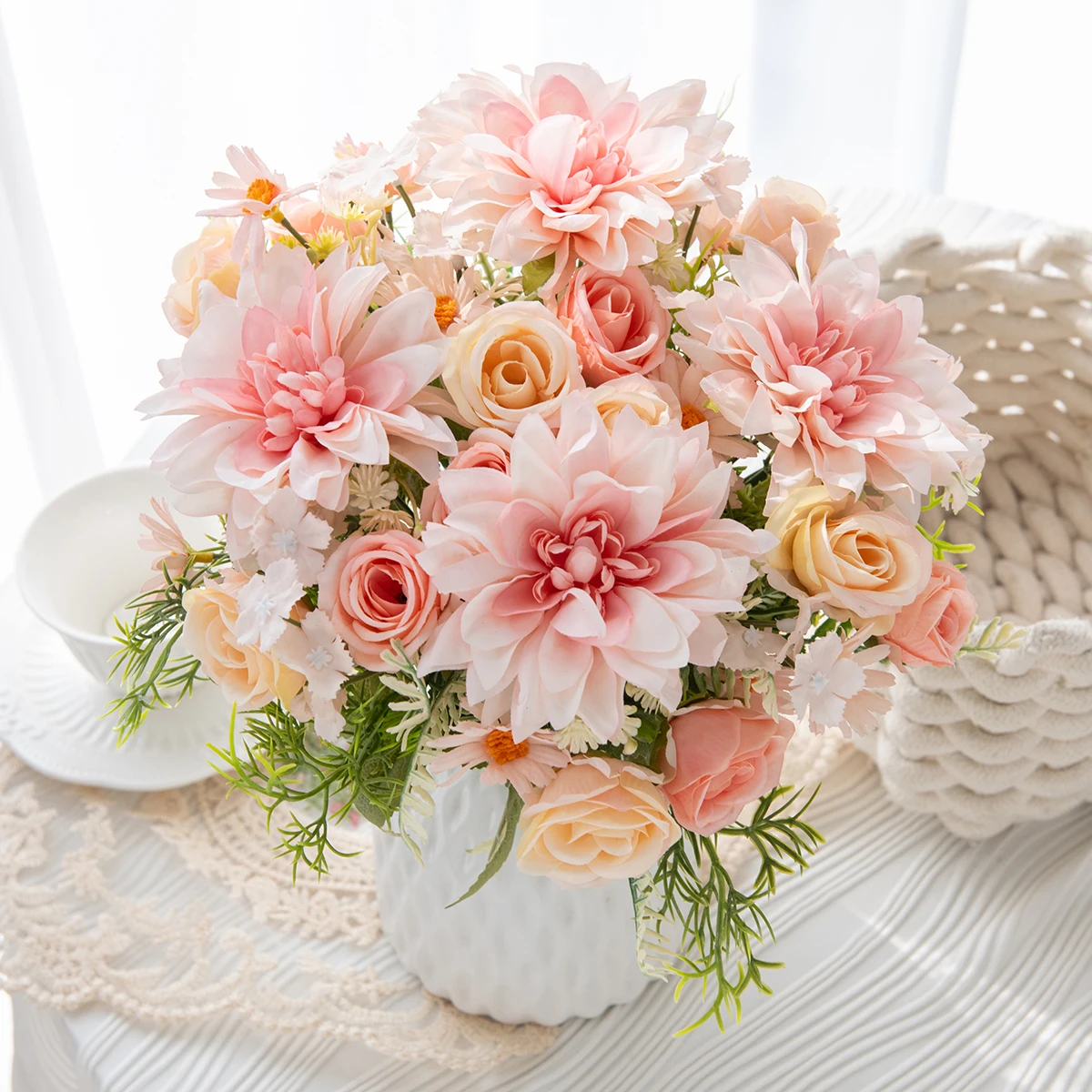 Künstliche Rosenblume für Hochzeit, Heim, Schlafzimmer, Tischdekoration, Brautsträuße, Garten, Künstliche Seiden-Dahlie, Hortensie, Vase, Outdoor, DIY-Geschenk