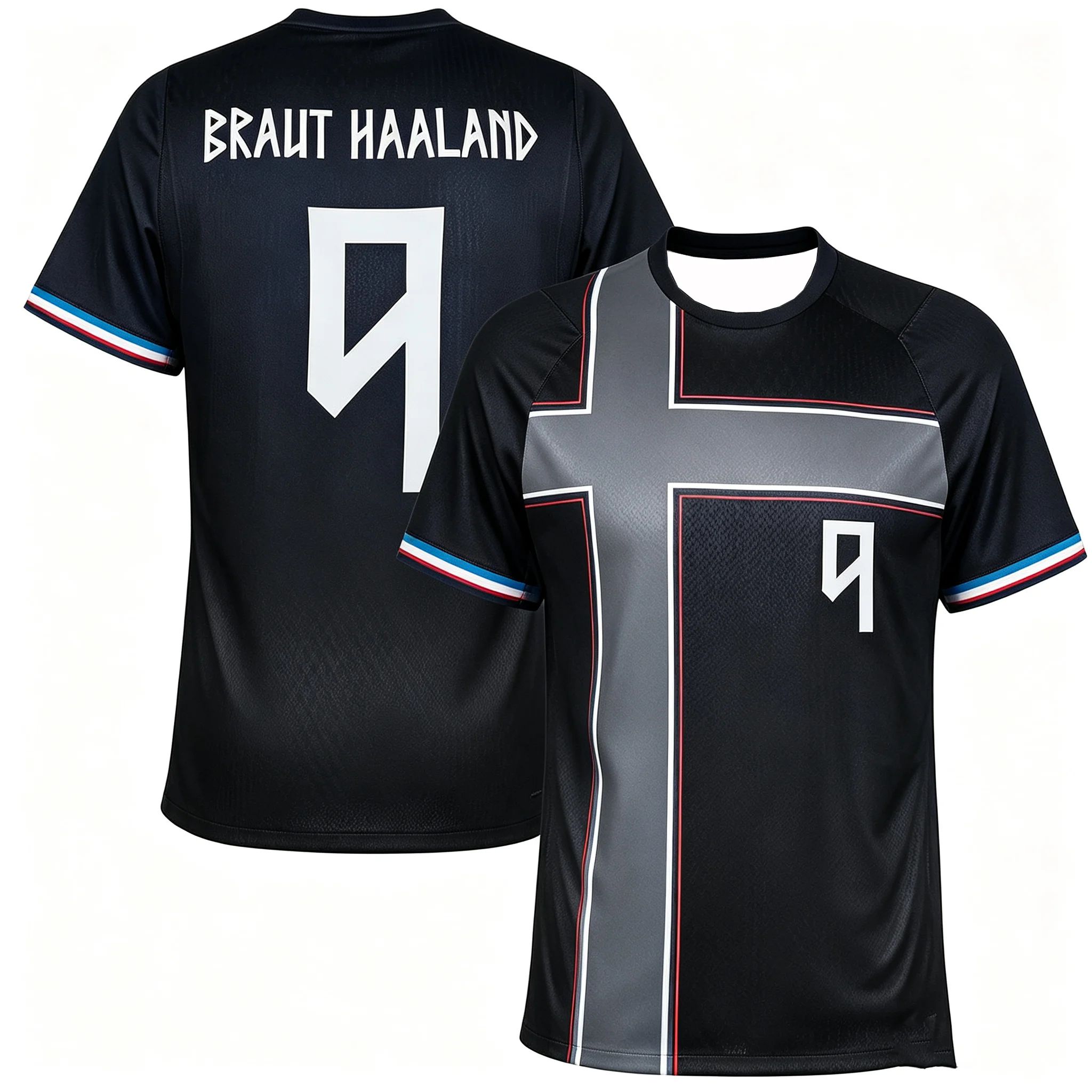 2026 Norwegisches Fußballteam Rotes Rundhals-Trikot, mit Tintenfleck- und Kreuzflaggenmuster Nr. 9 Fan-T-Shirt, Eltern-Kind-Outfit – Detail 4