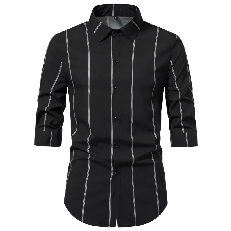 Chemise noire à rayures blanches pour hommes, manches mi-longues, col rabattu, mode décontractée, tendance, mince, respirant, vêtements pour hommes, été, nouveau, 2023