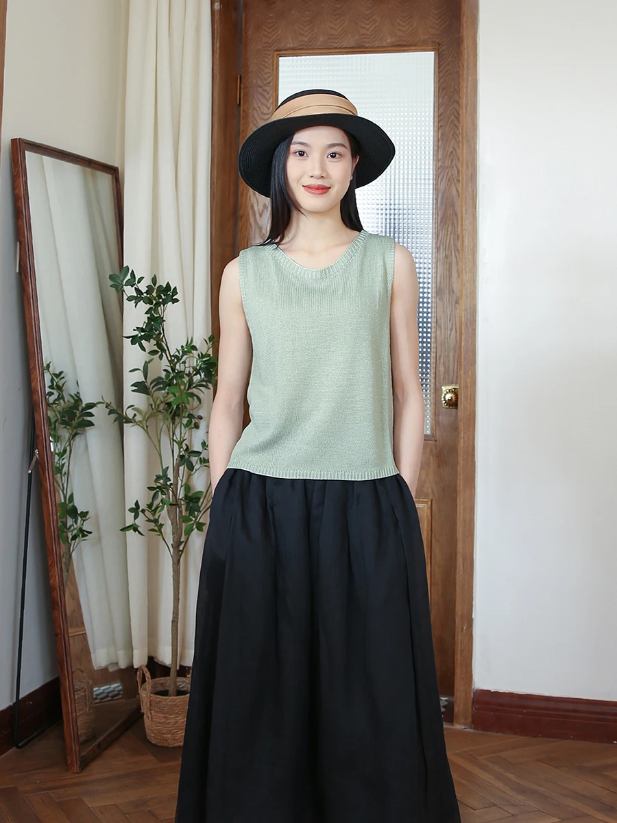 

Summer New Pure Color Knitted Vest round Ne Svel Tank Top Versatile Slimming Overhead Strapl Linen Blend Women's Top