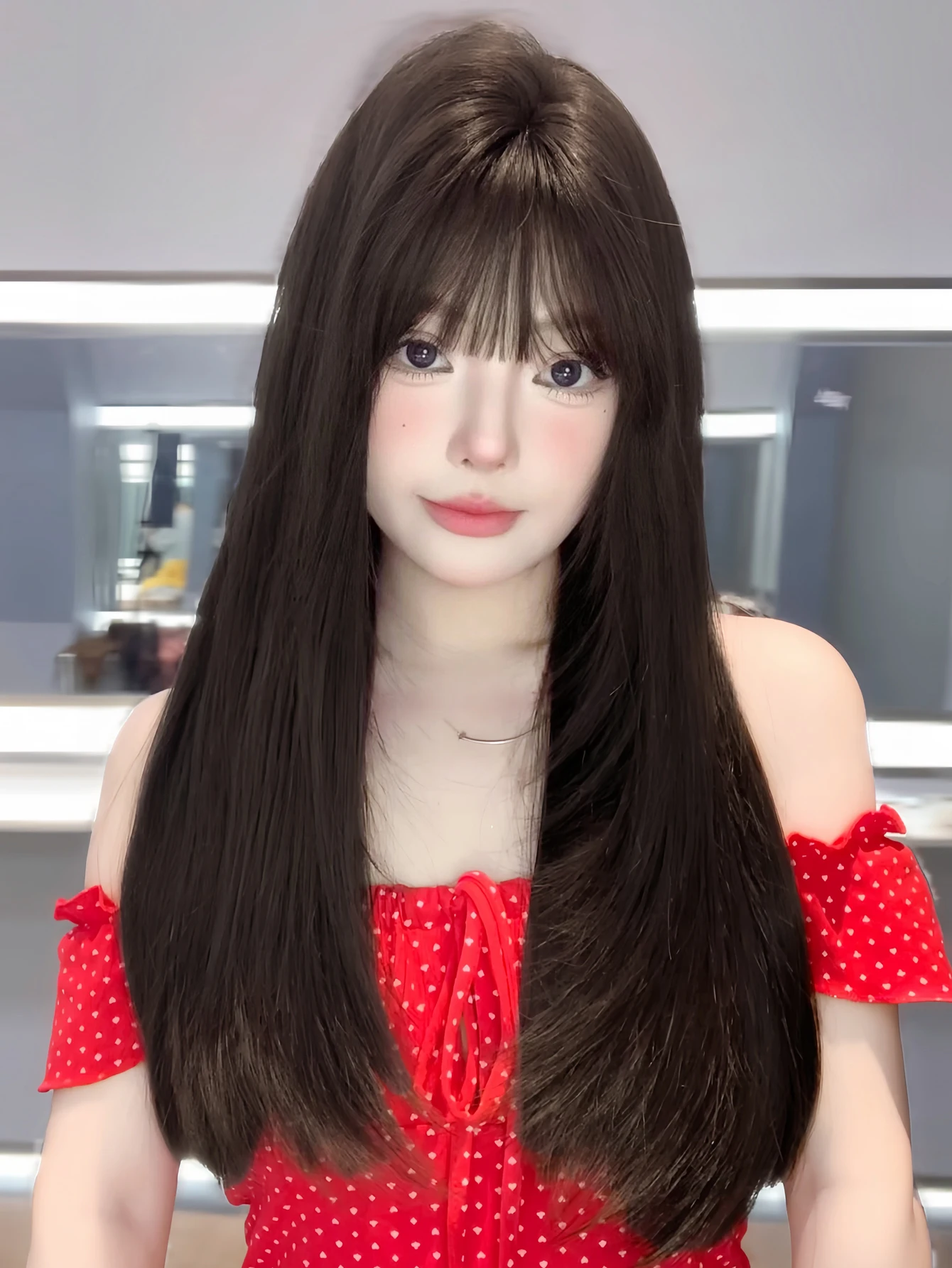 26Inch Black Pretty Lovely Synthetic Wigs With Bang Long Natural Straight Hair Wig for Women Daily Cosplay Party Heat Resistant