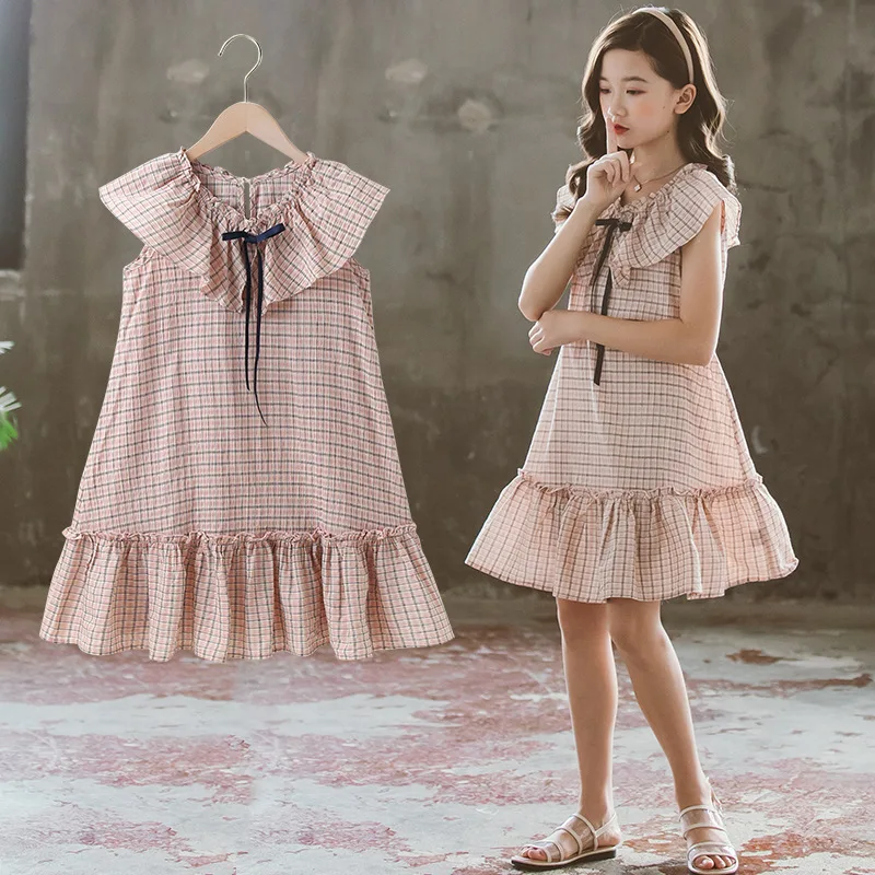 

2025 Korean Summer School Girl Dress Children Girl Plaid One-piece Dress Teenager Girl Ruffle Princess Dress Kids Elegant Dress