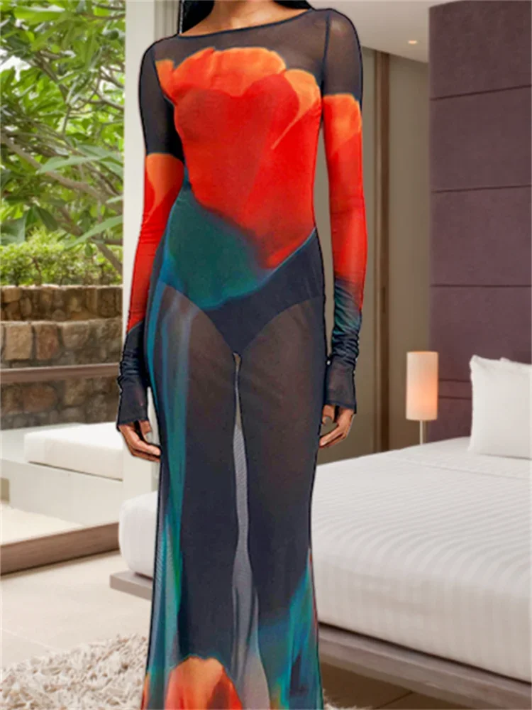 Sukienka damska See Through Flower Dress Mesh Sheer Crew Neck Long Sleeve Bodycon Long Dresses for Spring Summer Sexy Club Party