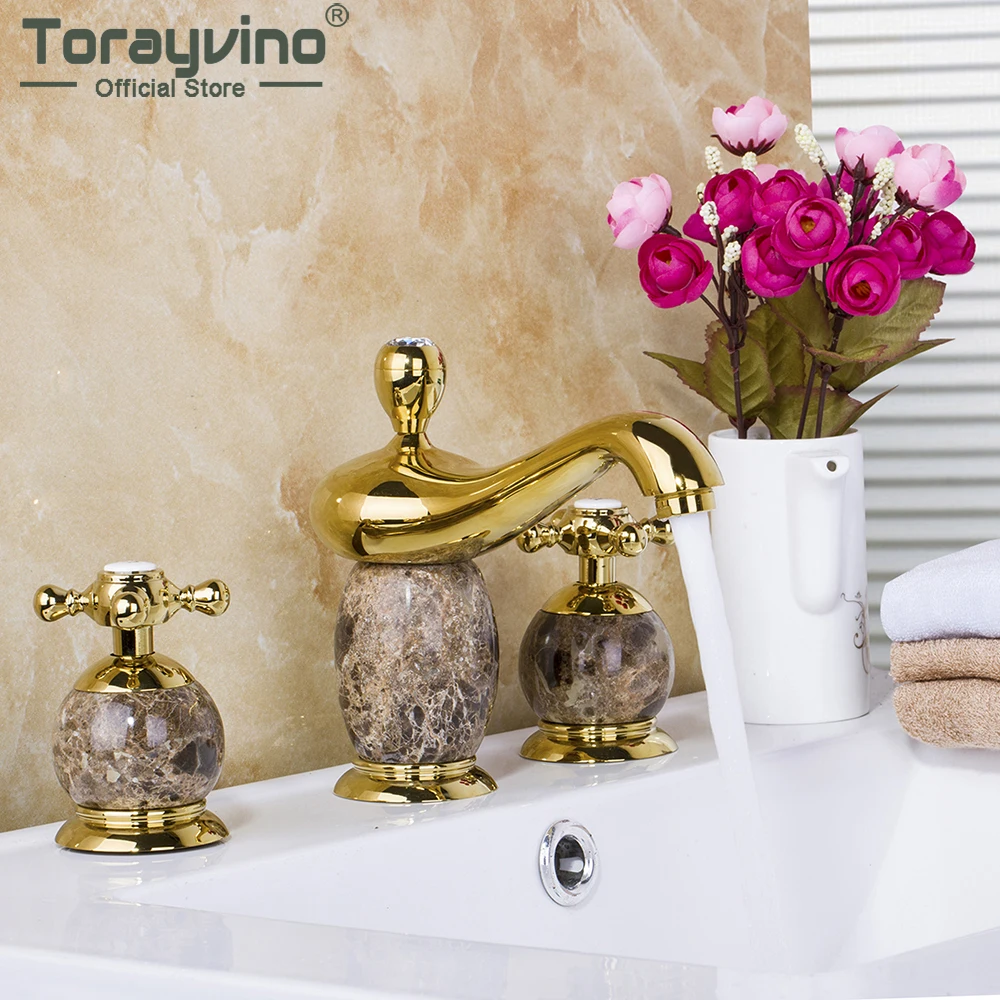 Torayvino Bathroom Faucet Classic Delicate Ceramic and Gold Finish Bathtub Faucets Dual Handle Deck Mounted Sink Mixer Water Tap