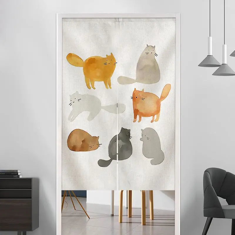 Watercolor Chubby Cat Door Curtain Simple Multi Cat Fabric Door Curtain No Punching Entrance Bedroom Privacy Partition Curtain
