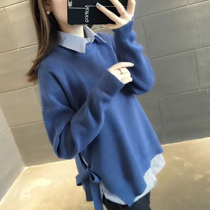 Fashion Striped Lace Up Bow Fake Two Piece Blouse Women's Clothing 2023 Spring New Oversized Casual Tops Loose Sweet Shirt