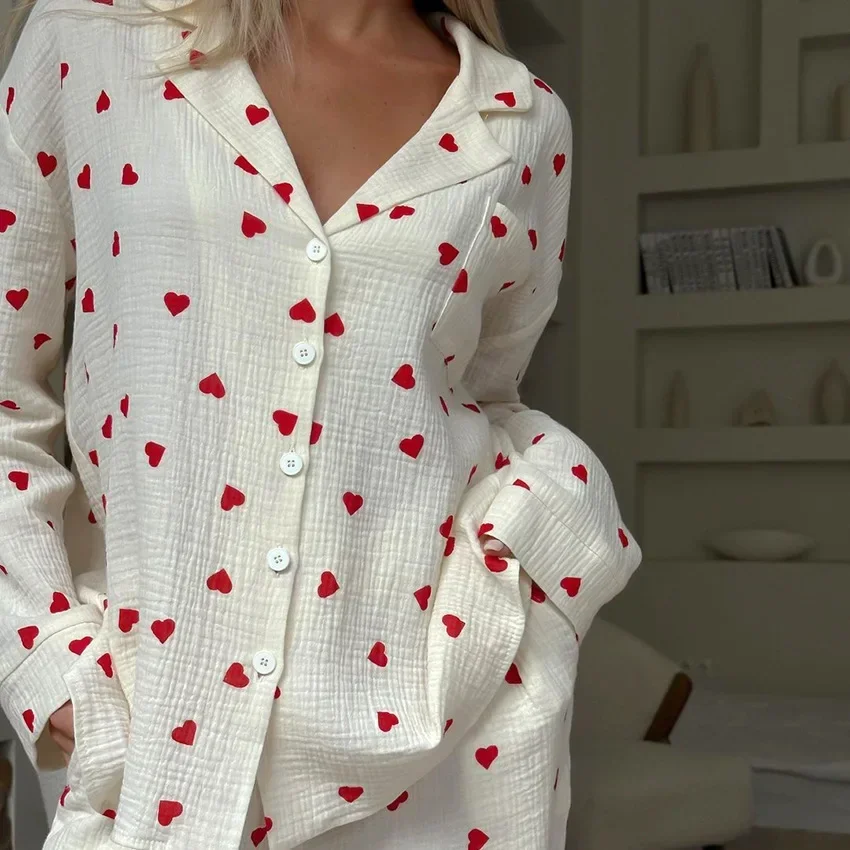 Heart Print Cotton Pajamas for Women Single-Breasted Long Sleeve Pocket Pants Ins Sleepwear 2 Piece Sets Casual Female Outfits