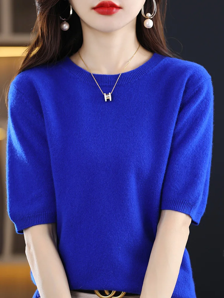 

Female Spring And Autumn 100% Pure Merino Wool Short Sleeved Women's Sweater T-shirt Simple Round Neck Knitted Hoodie Loose Top