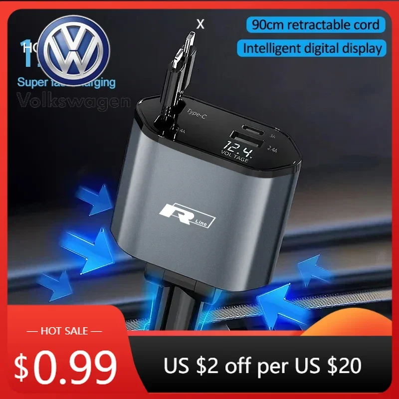 

Автомобильное зарядное устройство 120 Вт для VW, быстрая зарядка для Volkswagen Golf, Passat B6, Tiguan, Phaeton, Polo, с выдвижными кабелями, USB Type-C