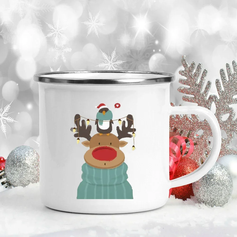 Juice Drink Mugs Deer Printed Enamel Coffee Cups Kids Handle Milk Cup Decor Children's Day Birthday New Year Christmas Eve Gifts