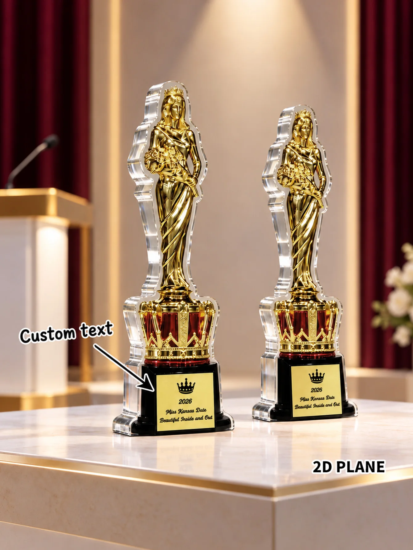 1pc Custom Text Beauty Pageant Trophy, Golden Queen Statue Crystal Trophy with Crown Base for Miss Contest,Souvenir Gift