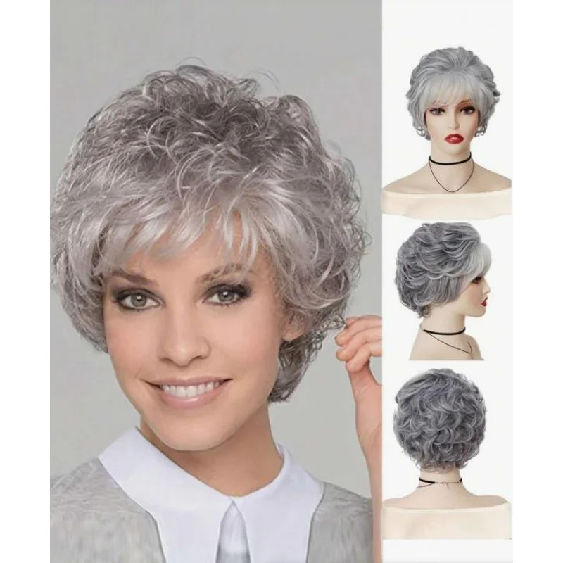 

Silver Grey Short Curly Pixie Cut With Bangs Synthetic Wig