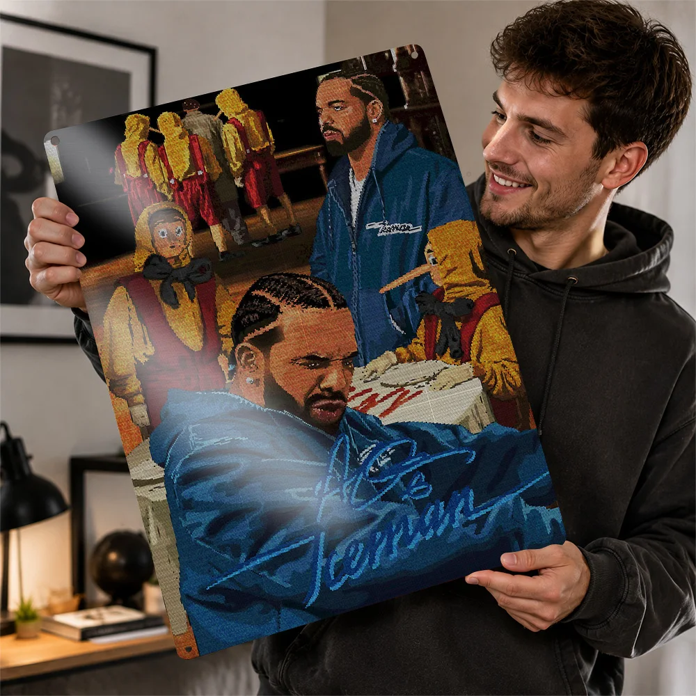 Drake With Pinocchio Characters Aluminum Poster Bold Graphic Wall Art For Listening Room Personalized Metal Sign Rap Fan Gift