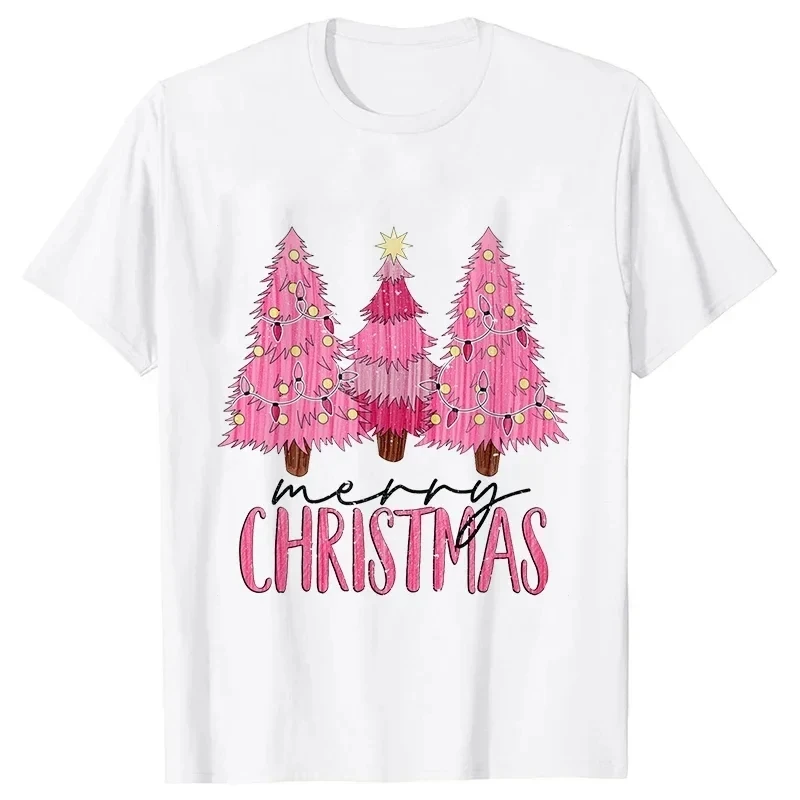 

Розовая рождественская елка, женская футболка с забавным рисунком, футболка для рождественской вечеринки, Harajuku, повседневная женская одежда, футболки с короткими рукавами и круглым вырезом