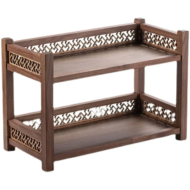 Luxurious Black Walnut Tea Cup Rack Small Desktop Antique Shelf Chinese Style Wood Tea Set Display Ornament