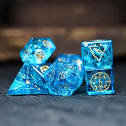 Blue Lightning Shattered Zircon DND Dice Set Engraved Star Moon Magic Circle Sign Dice RPG COC D&D Board Gaming Dice Glass Beads