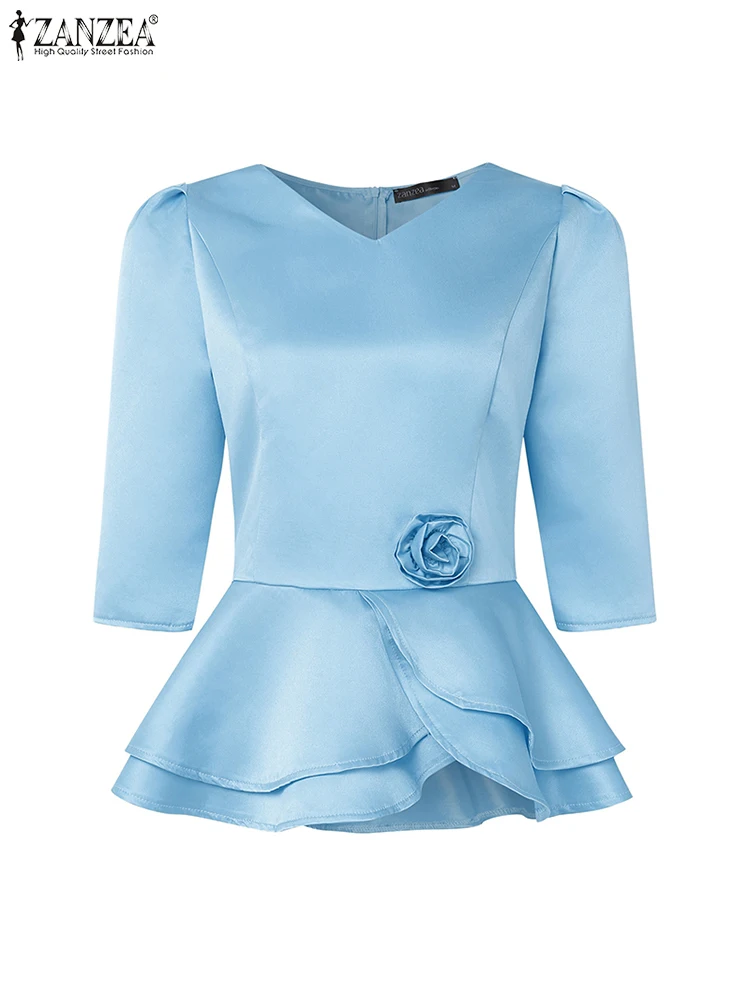 

ZANZEA Spring Fabric Flower Blusas 3/4 Sleeve Fashion Elegant Women Peplum Tops Office Commute V-Neck Satin Ruffled Hem Blouses
