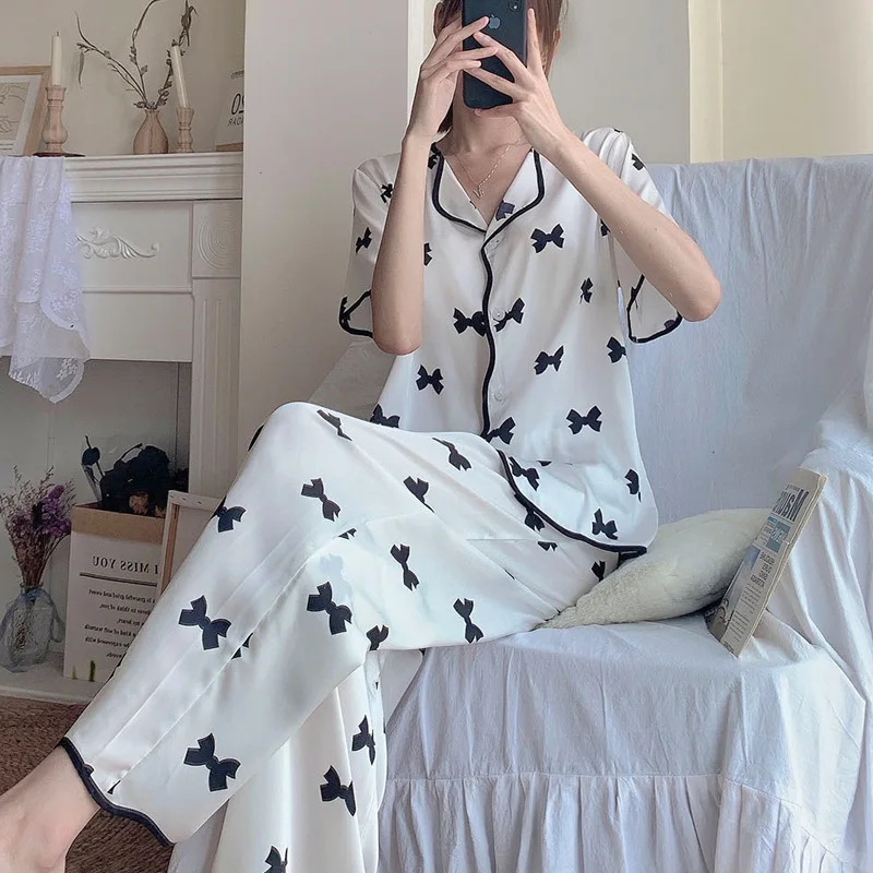 Women Pajamas Set Summer 2 Piece Butterfly Bow Print Pyjama Faux Silk Satin Sleepwear Short Sleeve Pijama Mujer Pjs Homewear