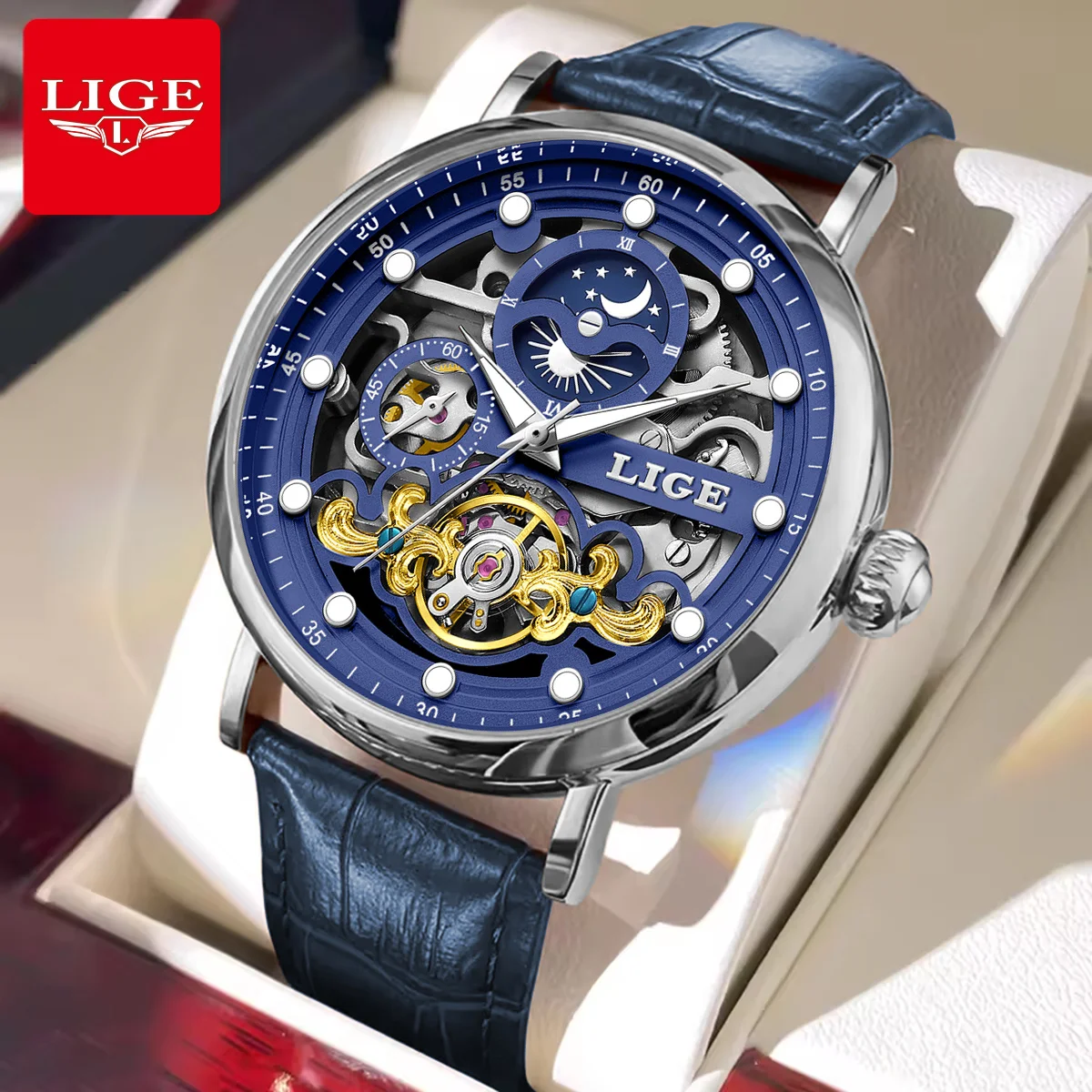 

Новые механические автоматические часы LIGE Skeleton, мужские спортивные часы с турбийоном, повседневные деловые наручные часы с луной, Relojes Hombre