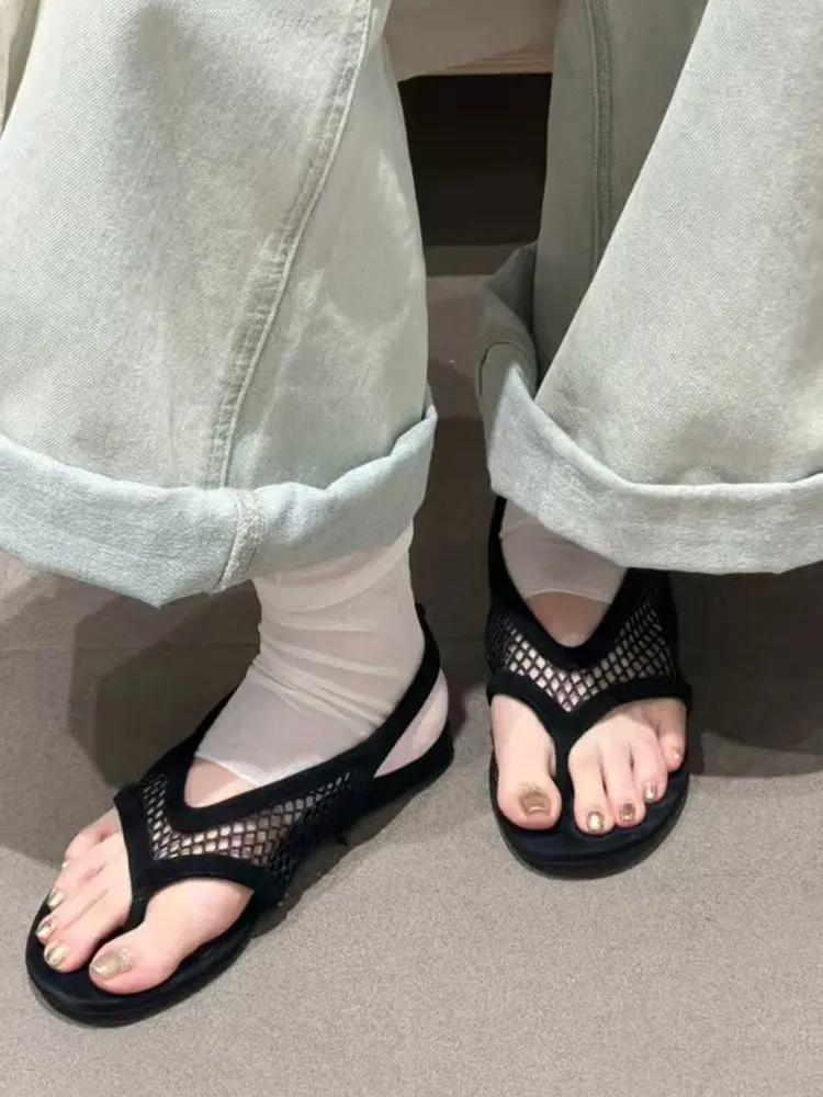 Women's High Version Fishnet Toe Clip Sandals2026Summer New Sexy Genuine Leather Flat Versatile Comfortable Round Toe Flip-Flops