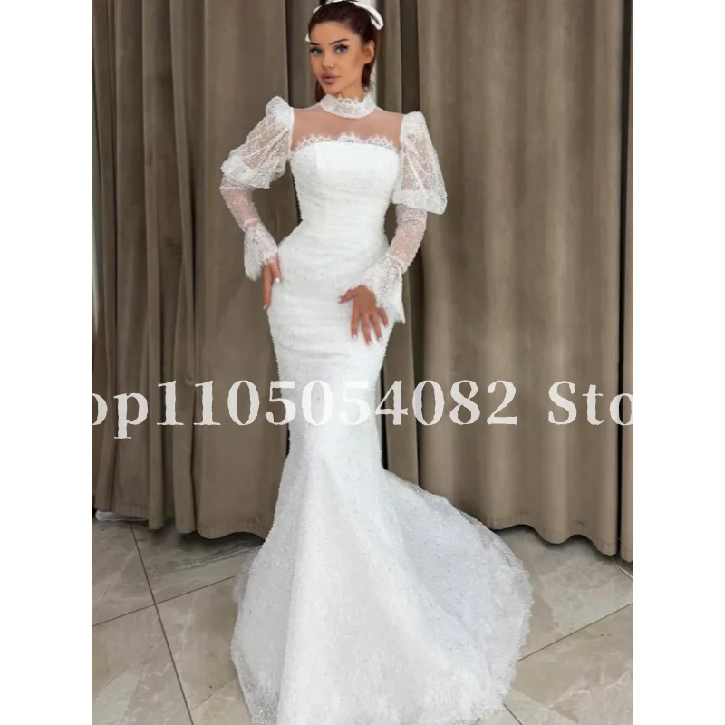 Customized Elegant Arabian Wedding Dress Lace Square Neck Custom Fit White Long Sleeve Muslim Bridal Gown Fishtail Bridal Party