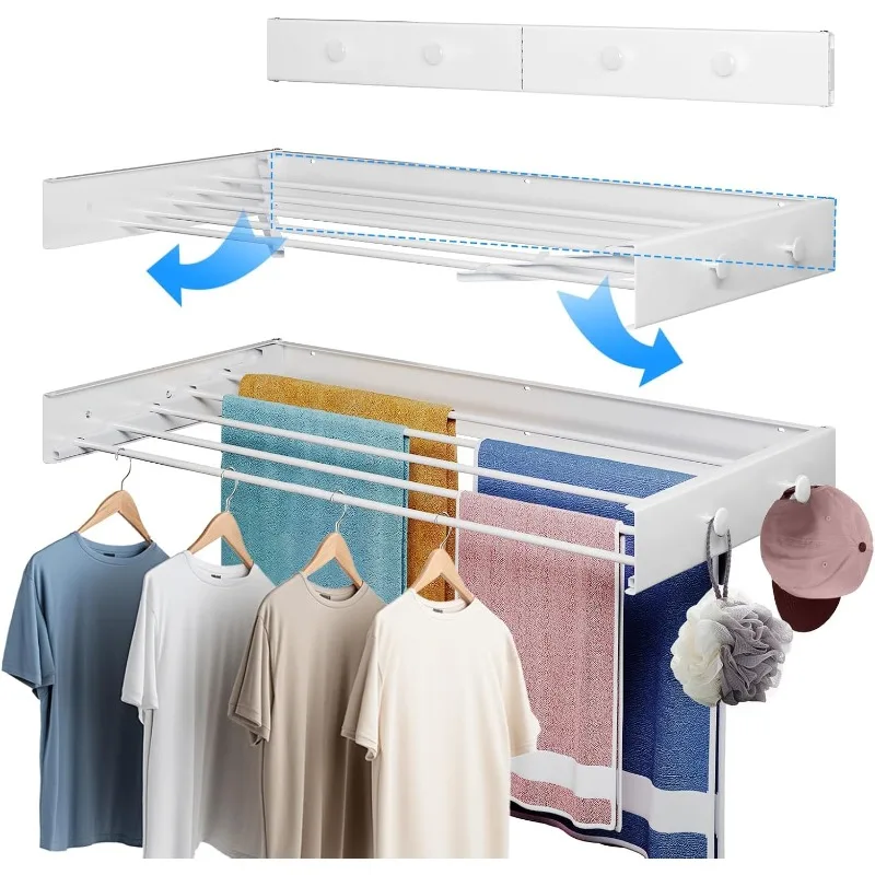 

Wall Mounted Drying Rack 40", Upgrade 6 Knob Hooks, 5 Aluminum Poles, 60 lb. Load Capacity, Foldable, Retractable