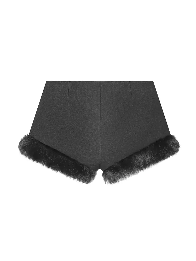 กางเกงขาสั้นแฟชั่นผู้หญิง TFMLN แต่งขนเฟอร์เทียม ดีไซน์เก๋ไก๋สำหรับงานปาร์ตี้ คลับ ฤดูหนาว ทรงขากว้าง มินิสั้น ดีไซน์หรูหรา ทันสมัย ซิปข้าง ทรงเข้ารูป